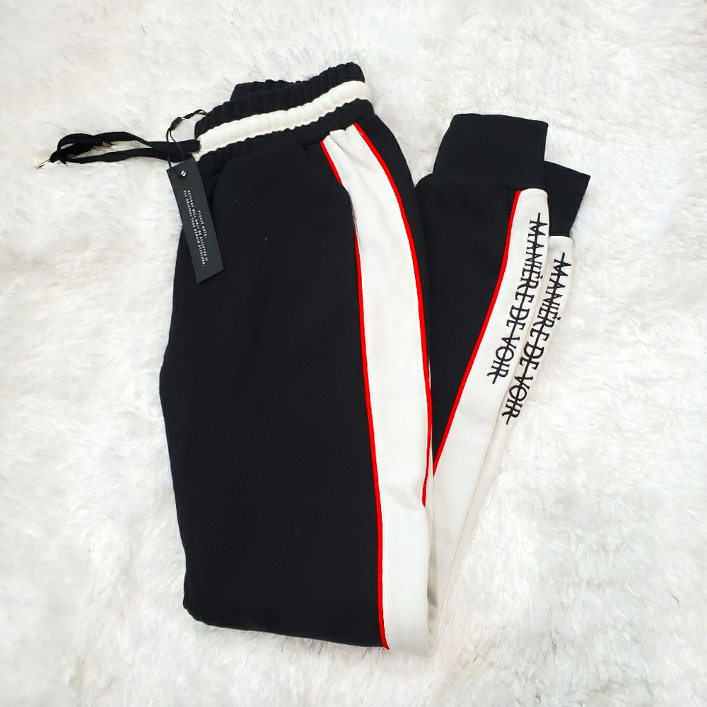 NWT Maniere De Voir black striped red joggers